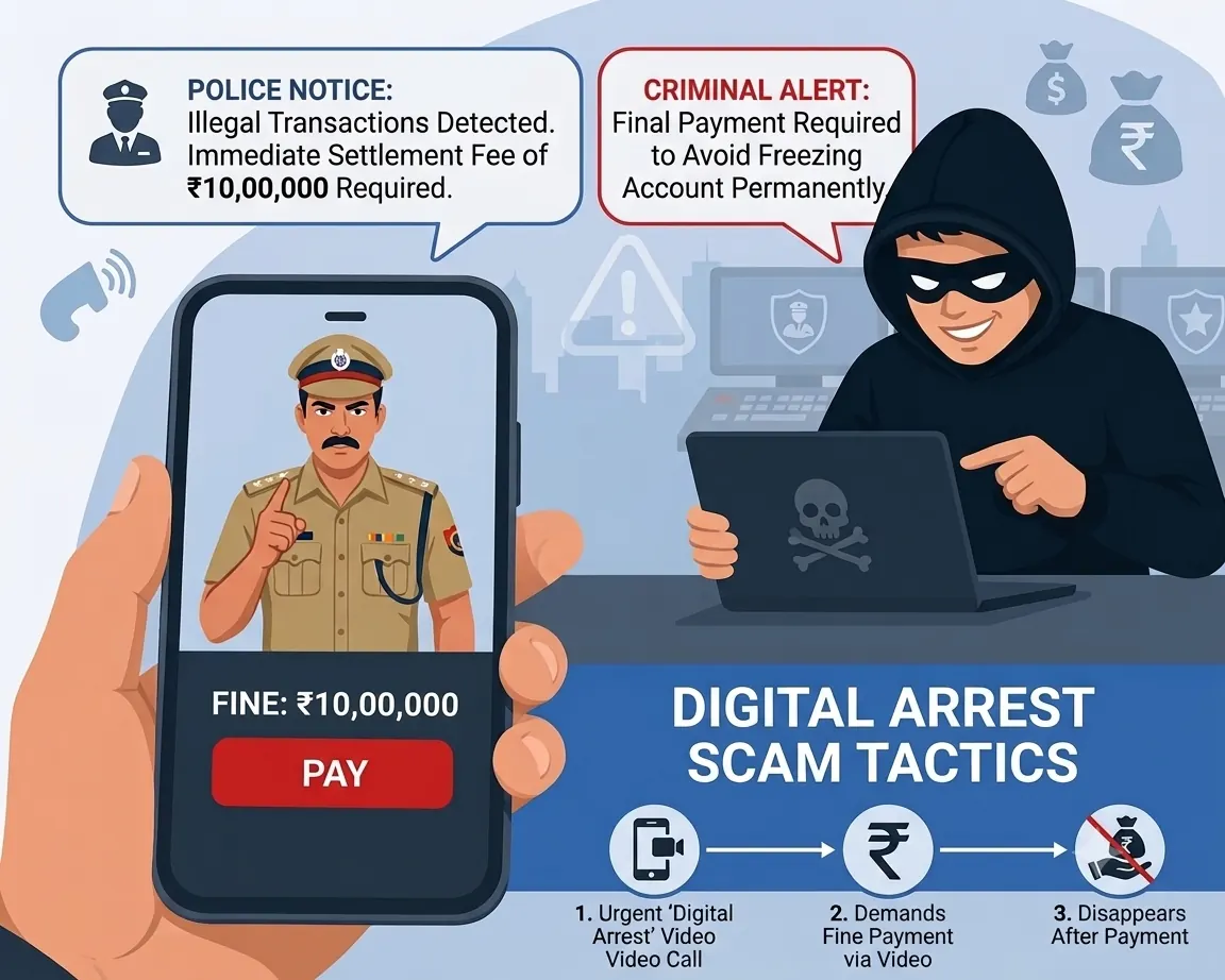 A video call from a fake police officer demanding a ₹10,00,000 settlement fee to avoid an account freeze, with the tactics beneath: urgent "digital arrest" video call, fine demanded, scammer disappears after payment.