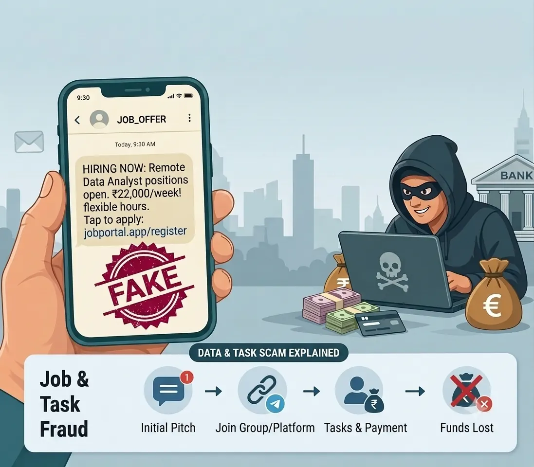 A fake remote data-analyst job offer promising ₹22,000 a week, and the sequence beneath it: initial pitch, join the group or platform, tasks and payment, funds lost.