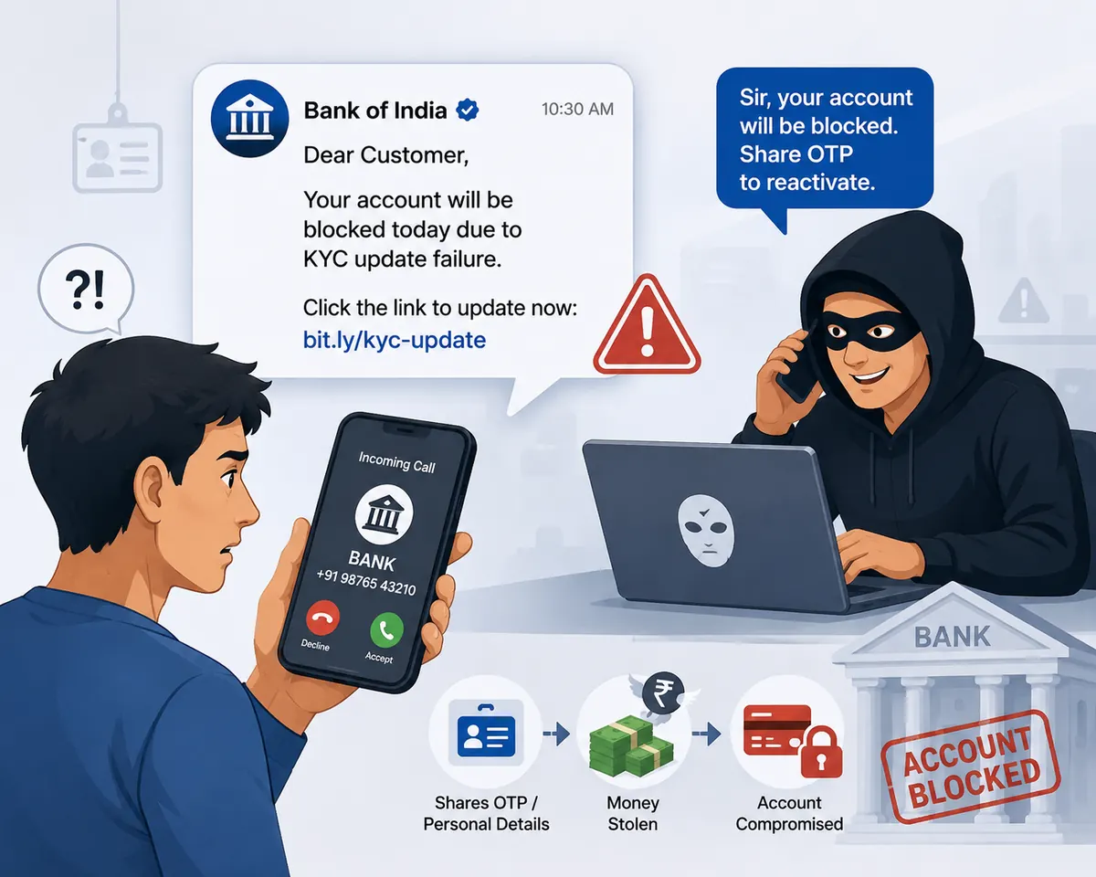 A fake bank message saying the account will be blocked today over KYC, followed by a caller asking for an OTP — then the sequence: OTP shared, money stolen, account blocked.